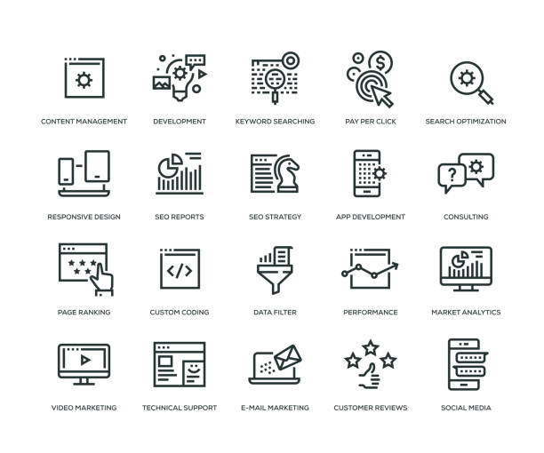 SEO and Development Icons - Line Series Search Engine Optimization and Development Icons - Line Series customized data stock illustrations