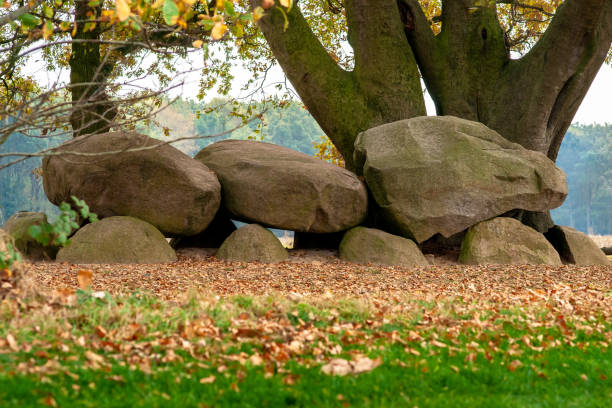 tombeau antique de dolmen ou hunebed mégalithiques dès l’âge de glace - dolmen photos et images de collection