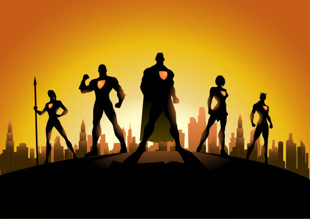 Vector Superheroes in The City Silhouette A silhouette style vector illustration of a team of superheroes pose with city skyline in the background. superhero illustrations stock illustrations