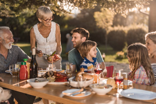 istock Happy extended family talking while having their lunch in the front yard. 1064173438