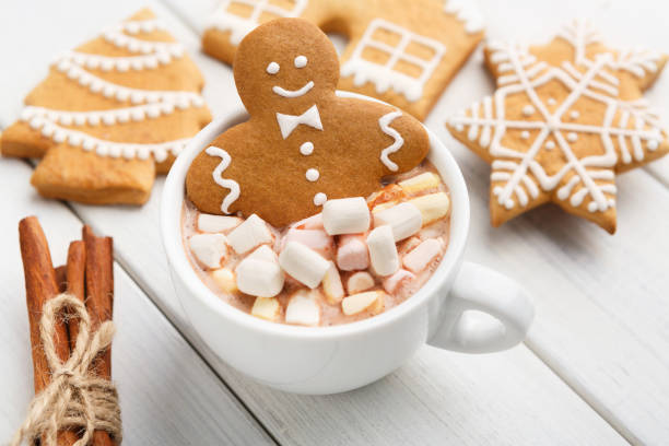 istock Gingerbread cookie in cup of cocoa with marshmallows 1064174696