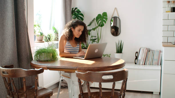 Charming young woman typing on laptop computer at home. stock photo