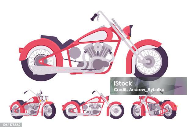 Chopper Motorcycle Set In Bright Red Stock Illustration - Download Image  Now - Motorcycle, Group Of Objects, Adventure - iStock