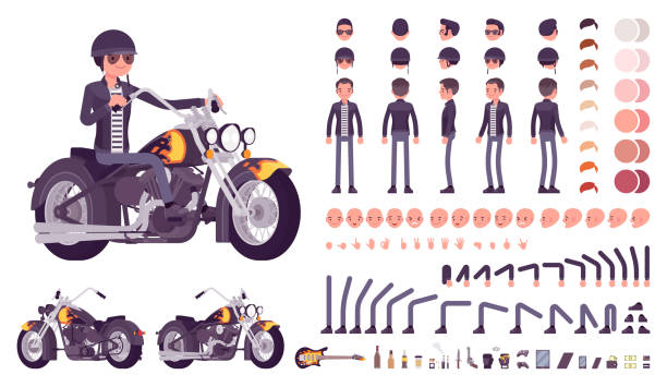 Cool rocker character creation set Cool rocker boy in biker leather jacket character creation set. Man riding chopper. Full length, different views, emotions, gestures. Build your own design. Cartoon flat style infographic illustration biker stock illustrations