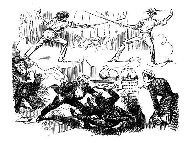 istock British London satire caricatures comics cartoon illustrations: Duel 1064179056