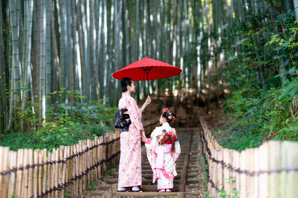 istock Mother and daughter wearing kimono 1064181368
