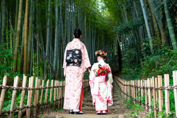 istock Mother and daughter wearing kimono 1064181578