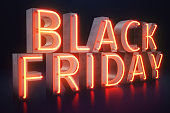 Black Friday - The Most Expected Sale of the Year. Neon Red 3D banner. Grand Discounts. Only once a year, maximum discounts. Sales, joy, success. 3D illustration
