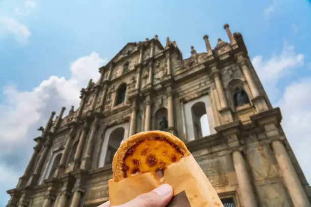 A symbol of Macao, A tourist hand holding an egg tart is a traditional dessert in Macao,China. It is sweet and delicious. There is Ruin of St. Paul’s blurred in background, landmark in Macao