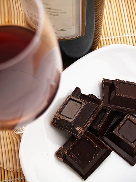 istock Pieces of dark chocolate on a plate served with red wine 106418666