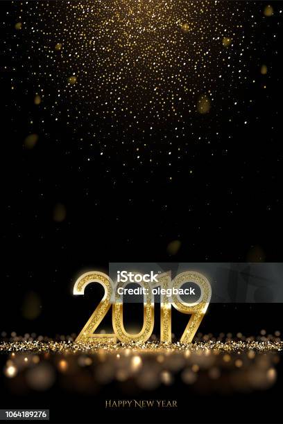 Ilustración de 2019 Año Nuevo Concepto De Diseño De Lujo Vector De Oro 2019 Año Nuevo Vertical La Plantilla Con Nieve Que Cae Oro y más Vectores Libres de Derechos de Dorado - Color