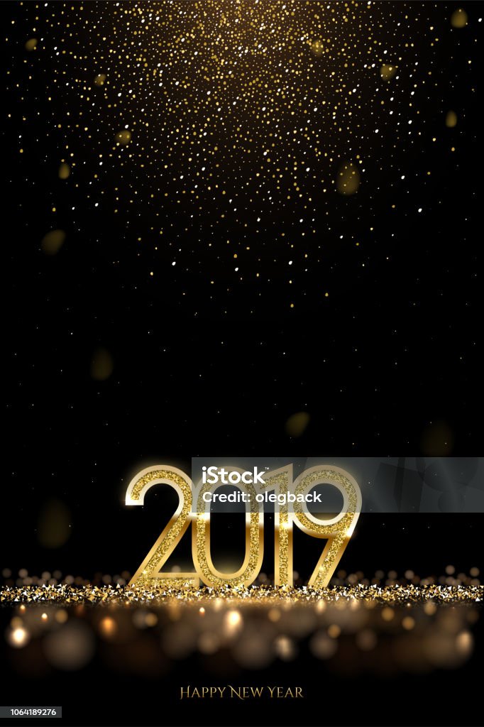 2019 New Year luxury design concept. Vector golden 2019 New Year vertical template with falling golden snow. 2019 New Year luxury design concept. Vector golden 2019 New Year vertical template with falling golden snow Gold - Metal stock vector
