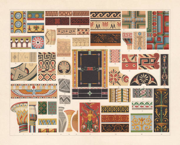 Various patterns of Antiquity, chromolithograph, published in 1897 Various patterns of antiquity: 1-5 Assyrian: 1) Nimrud; 2) Nineveh; 3 - 5) Dur Šarrukin (Khorsabad). 6 - 15 Egyptian: 6) Ornament of a mummy coffin; 7) Bell-shaped capital; 8) Bud capital; 9 - 10) Textile ornaments; 11) Quiver ornament; 12) Painted stick; 13 - 15) Pottery. 16-17: Ceramic shards from Troy. 18 - 19: Cypriot clay pots. 20 - 39 Greek: 20 - 21) Ceramic shards from Mycenae; 22) Architectural ornament (Mycenae); 23) Cornice (Olympia); 24) Antefix (Olympia); 25 - 29) Meander ornaments of vases; 30 - 31) Leaf and plant ornaments; 32 - 34) Palmette ornaments of vases; 35 - 36) Ceiling of the Theseus temple (Athens); 37) Doric capital (Parthenon); 38 - 39) Wall painting. 40 - 43 Etruscan: 40) Stucco painting; 41 - 42) Wall painting; 43) Antefix. 44 - 54 Roman: 44 + 49) Wall painting; 45 - 46) Mosaic; 47) Stucco painting; 48) Pompeian wall painting; 50 - 52) Pompeian frieze painting; 53) Painted relief from Pompeii; 54) Wall painting of a dining room in Pompeii. Chromolithograph, published in 1897. ancient roman civilization stock illustrations