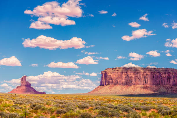 istock Green field in Monument Valley with Rock formations in Arizona 1064189950