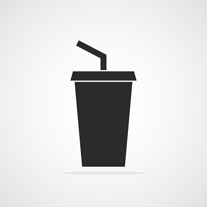 Plastic cup icon. Vector illustration. Black paper cup with water straw.