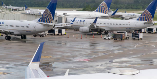 United Airlines aircrafts at the gate at Houston International Airport, Texas, in the United States of America, seen during the day.