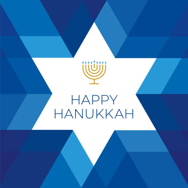 ilustraciones, imágenes clip art, dibujos animados e iconos de stock de plantilla de tarjeta de feliz hannukkah con estrella sobre fondo azul - hanukkah