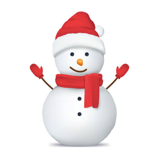 Realistic Detailed 3d Happy Snowman in Hat. Vector Realistic Detailed 3d Happy Snowman in Red Hat, Scarf and Mittens Symbol of Winter Celebration. Vector illustration snowman stock illustrations