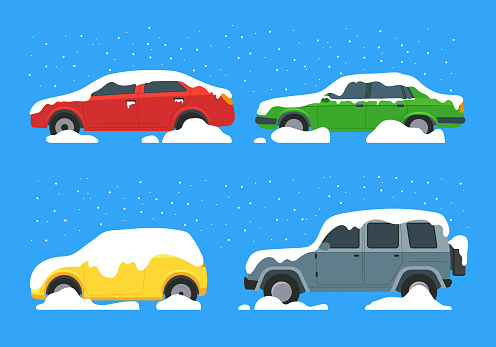 Cartoon Color Cars Covered Snow Icon Set Winter and Blizzard Concept Element Flat Design Style. Vector illustration of Icon Car