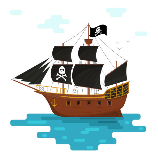 cartoon-piratenschiff mit schwarzen segeln. vektor - piratenschiff stock-grafiken, -clipart, -cartoons und -symbole