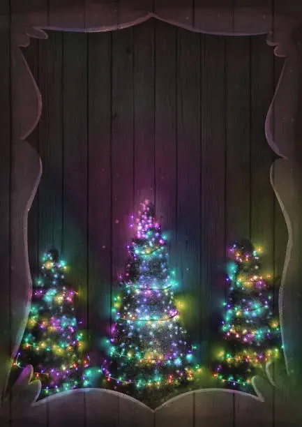Christmas Fairy Lights on Wood. Christmas Greeting card. Background with String Lights and Pine tree.