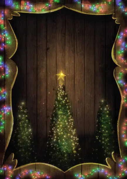 Christmas Fairy Lights on Wood. Christmas tree illuminated.  Background with String Lights and Pine tree. Fir branches