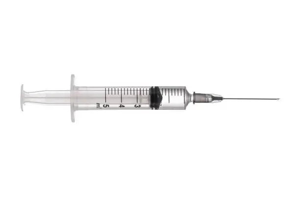 Photo of Syringe closeup isolated on white background. Hospital concept.