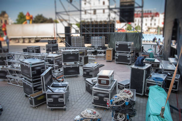 Preparing the stage for a concert in the open air.