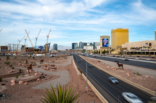 Las Vegas, Nevada, USA - November 04, 2018: Panoramic view of Las Vegas with stadium under construction. Once completed in 2020, it will be home stadium for Raiders hockey team.