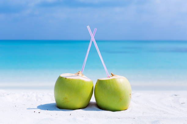 Fresh green coconut cocktails on sandy Maldives beach with turquoise sea background, travel card