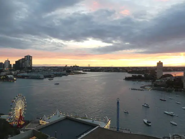 A sunset view of Luna park and Darling Harbour region