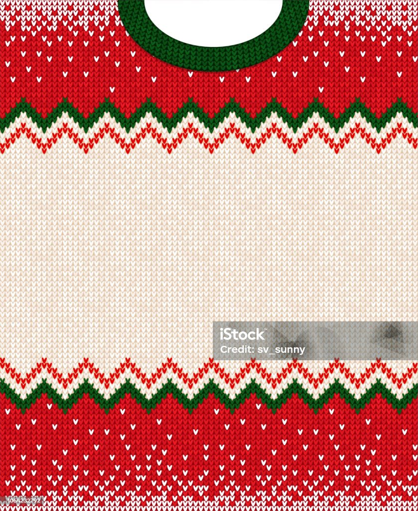 Merry Christmas Happy New Year greeting card frame scandinavian ornaments Ugly sweater Merry Christmas and Happy New Year greeting card frame border . Vector illustration knitted background seamless pattern with folk style scandinavian ornaments. White, red, green colors. Ugly Sweater stock vector