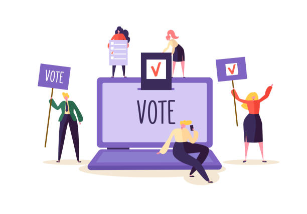 illustrations, cliparts, dessins animés et icônes de concept de vote électronique avec des personnages à l’aide de portable via internet électronique système de vote. homme et femme donnent vote dans l’urne. illustration vectorielle - voting election symbol computer icon