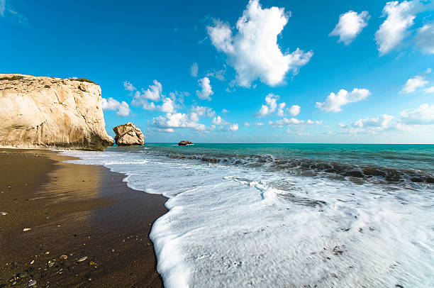 istock Turquoise ocean and blue sky with rocky cliff in background 106423460
