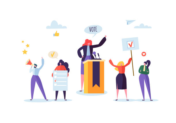 ilustrações de stock, clip art, desenhos animados e ícones de political meeting with female candidate in speech. election campaign voting with characters holding vote banners and signs. man and woman voters with megaphone. vector illustration - politician voting politics election