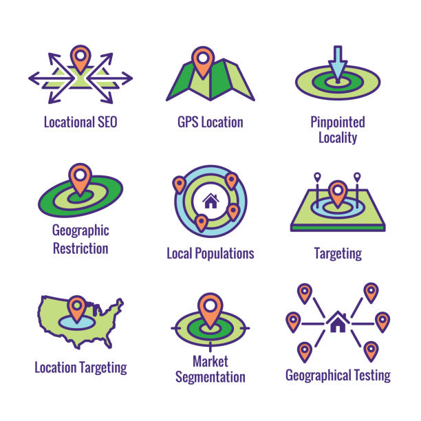 Geo Location Targeting with GPS Positioning and Geolocation Icon Set Geo Location Targeting - GPS Positioning and Geolocation Icon Set geo locator stock illustrations
