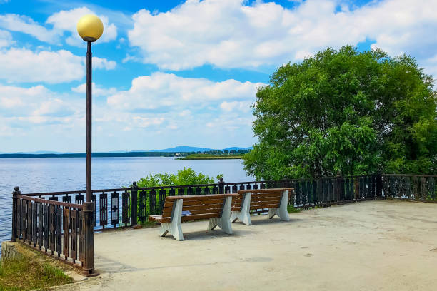 istock Promenade with benches ovelooking the lake 1064236780