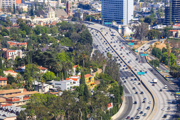 Los Angeles, California, USA - May 28, 2017: The Highway 101 in Los Angeles. Many Cars driving in both directions.