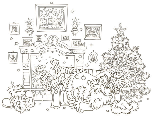 santa śpi po ciężkiej pracy - christmas christmas tree snow illustration and painting stock illustrations