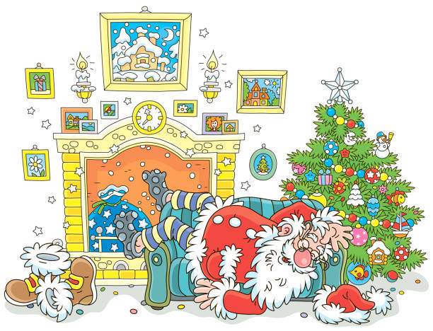 santa śpi po ciężkiej pracy - christmas christmas tree snow illustration and painting stock illustrations