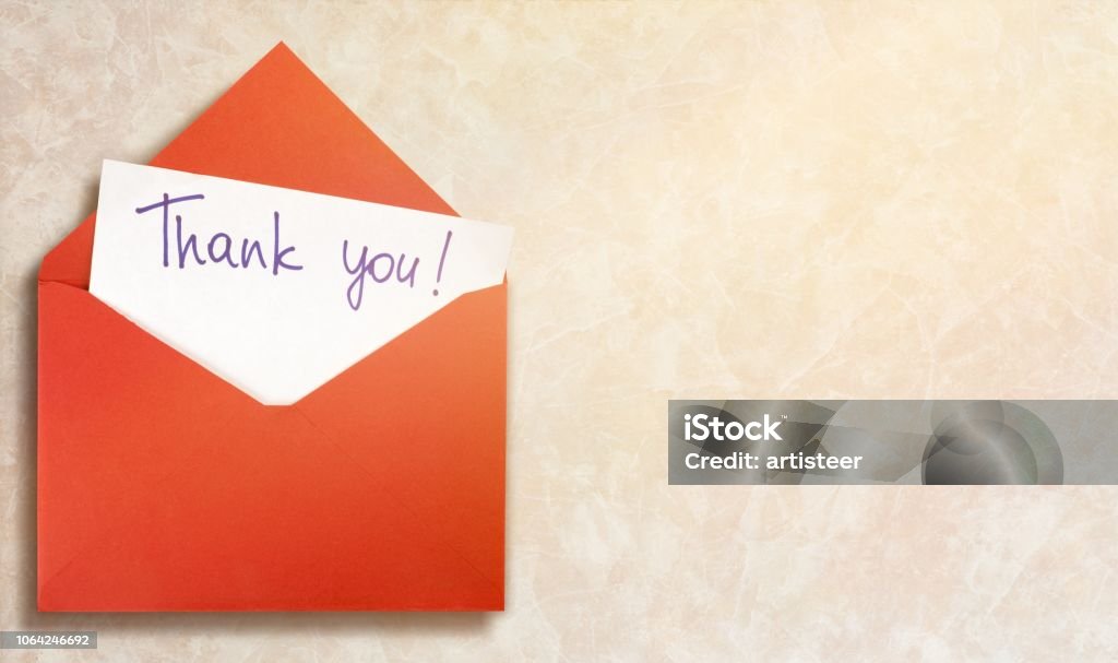 Envelope. Blank card and envelope with thank you on background Thank You - Phrase Stock Photo