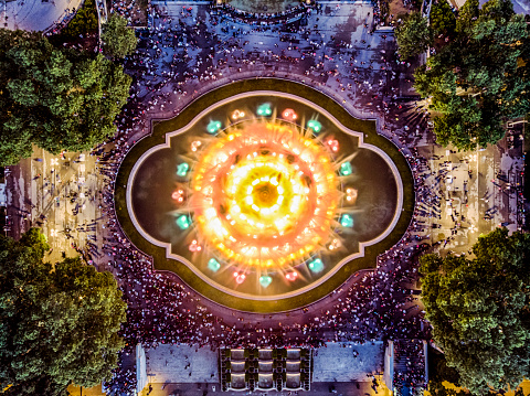 Fountains of Monjuic colorfull at night from above, Barcelona