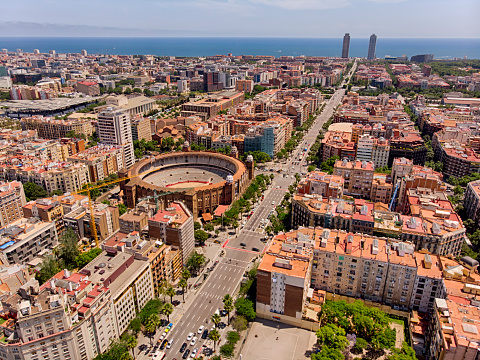 Streets of Barcelona from above at Diagonal Avenue looking at old Plaza de toros