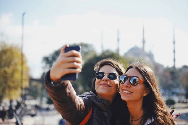 Friends Making Selfies in historical area of Istanbul stock photo