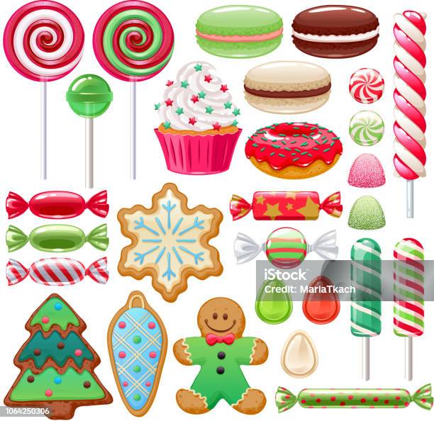 Noel Tatlılar Ayarlayın Çeşitli Şekerler Ve Kurabiyeler Stok Vektör Sanatı & Şekerleme‘nin Daha Fazla Görseli