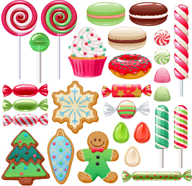 Christmas sweets set. Assorted candies and cookies. Colorful Christmas sweets set - hard candy, chocolate eggs, candy canes, jellies. Vector illustration. Assorted wrapped candies. christmas cupcake vector stock illustrations