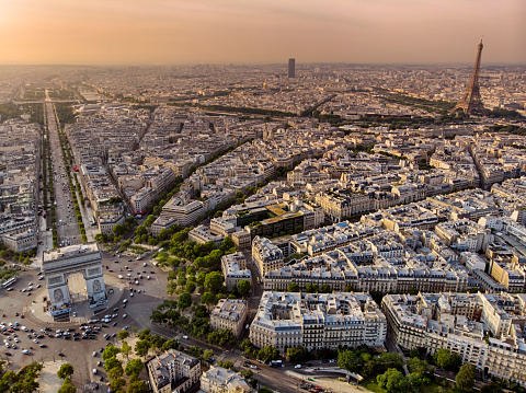 Aerial view of the triomphe Arch and Eiffel tower in Paris at Sunrise