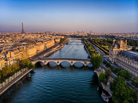 Aerial view of Seine River in Paris at Pont du Carrousel - France