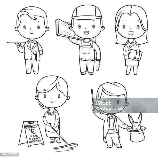 Coloring Book Professions Kids Set Stock Illustration - Download Image Now - Coloring, Characters, Child
