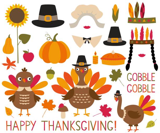 Thanksgiving and fall decoration set (turkeys, pumpkins, pilgrim hats) Thanksgiving and fall vector decoration set (turkeys, pumpkins, pilgrim hats) bonnet hat stock illustrations